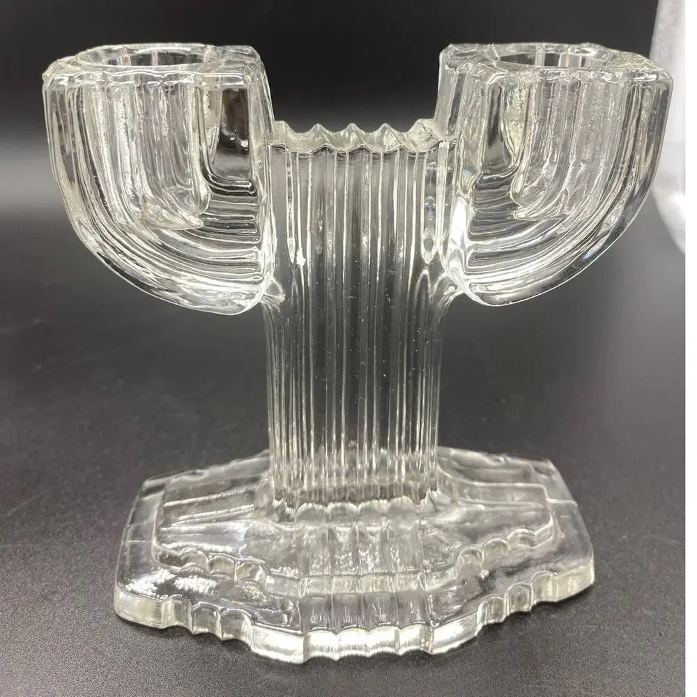 Art Deco Anchor Hocking Queen Mary pair‎ Depression glass candlestick holders